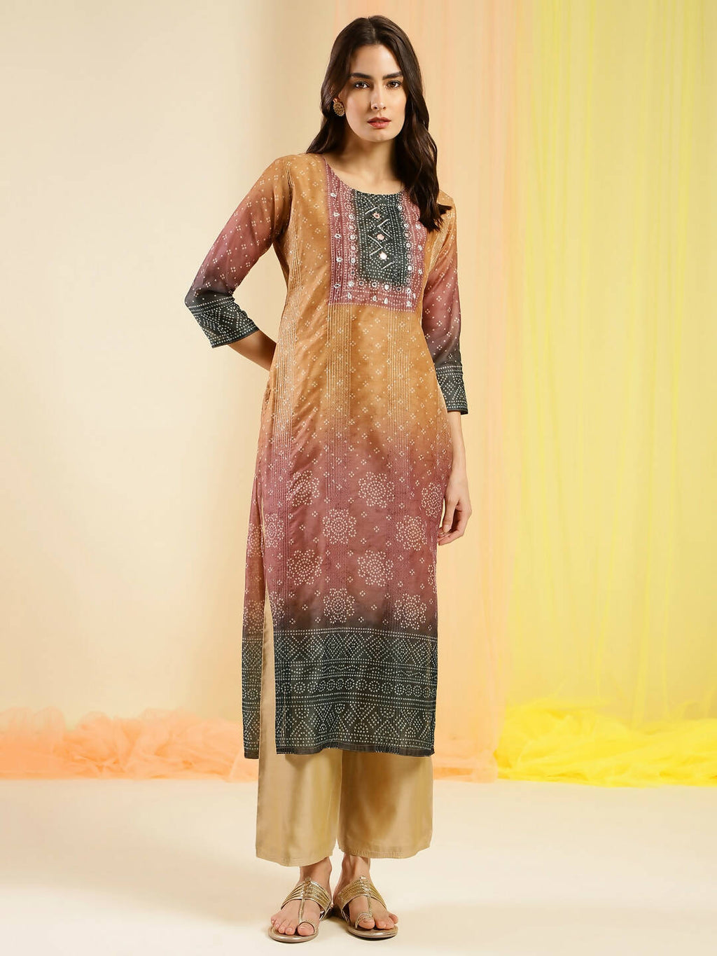 Orange Chinon Digital Printed With Hand Work Kurta - Himanshi