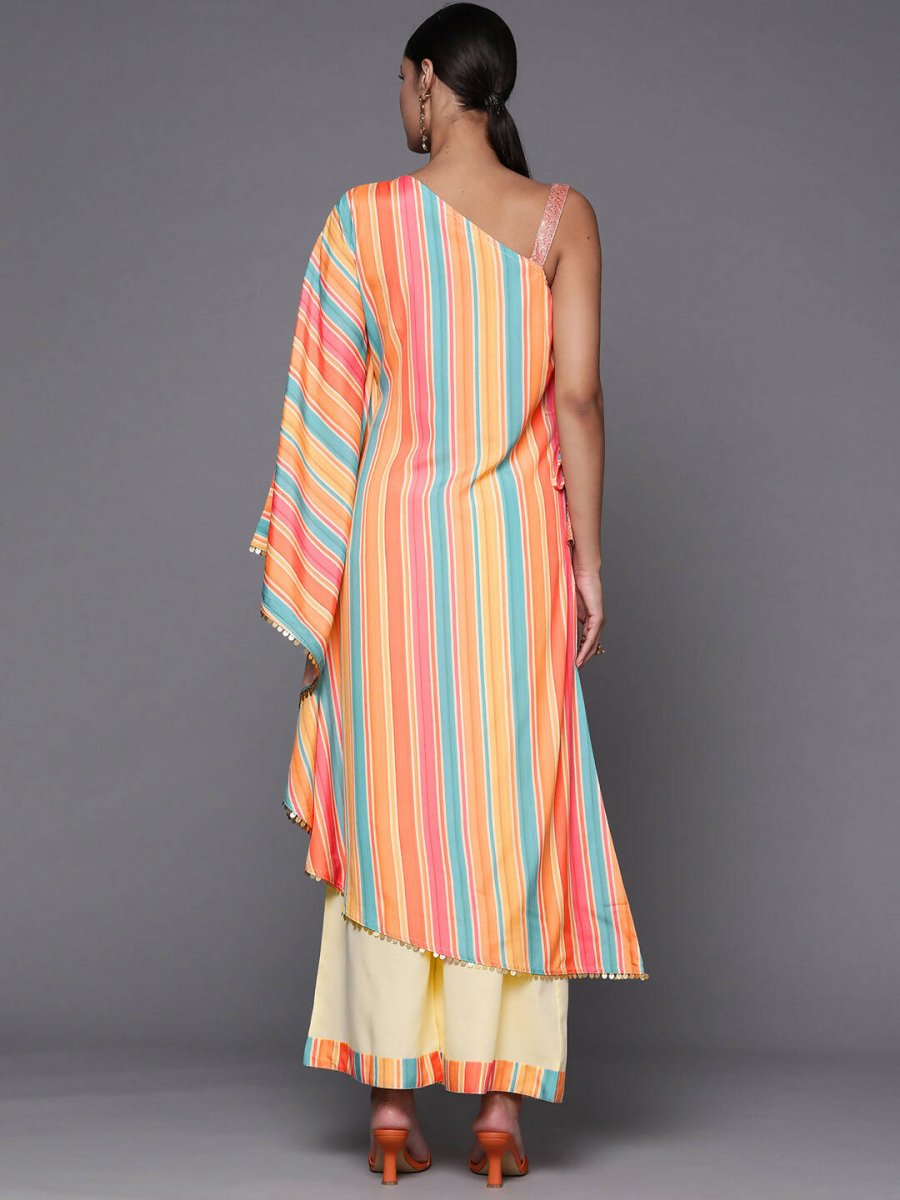Ahalyaa Peach-Coloured & Blue Printed Striped Asymmetric Taselled Kaftan Kurta Palazzos