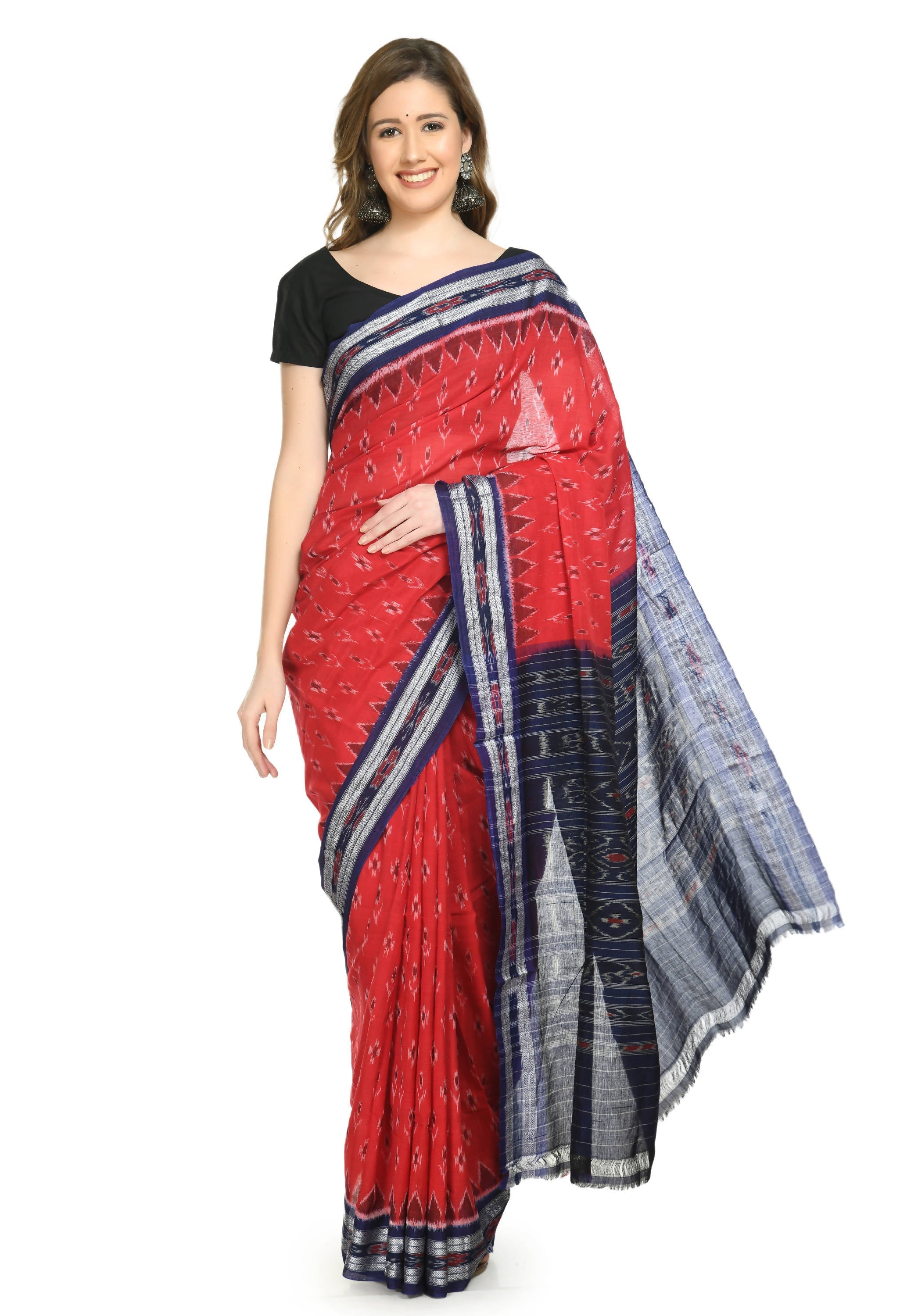 Vamika Sambalpuri Ikat Cotton Dehabandha Badafula Red & Blue Saree