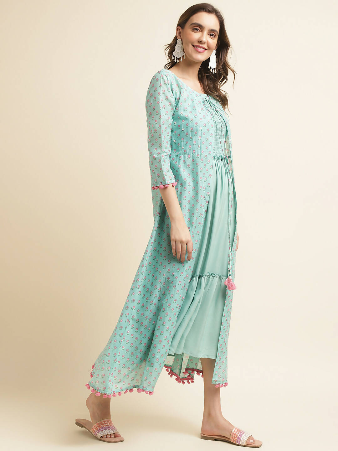 Sea Green Cotton Solid Flared Dress with Printed Shrug - Yukti