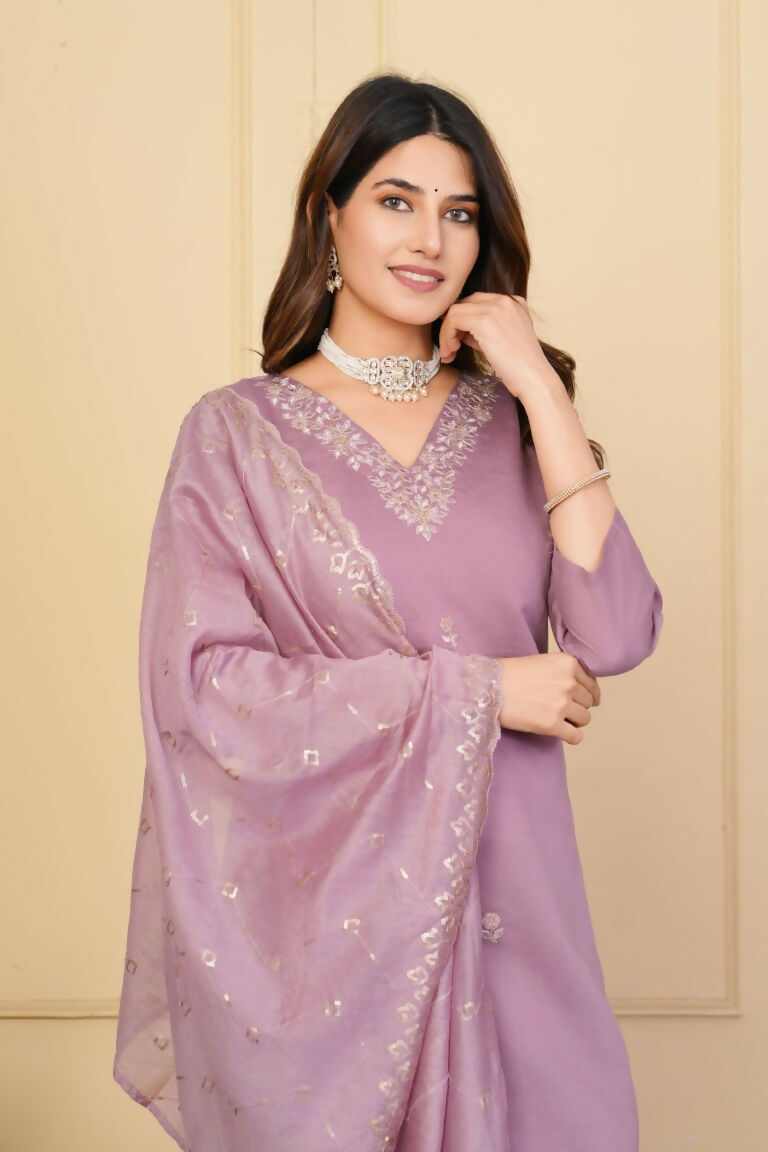 Wine Viscose Chanderi Embroidered Stitched Suit With Dupatta - Tanisha