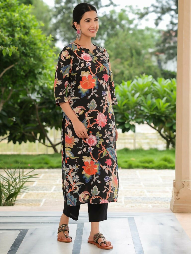 Aramya Straight Soft Cotton Floral Print Women's Kurta Set - Black