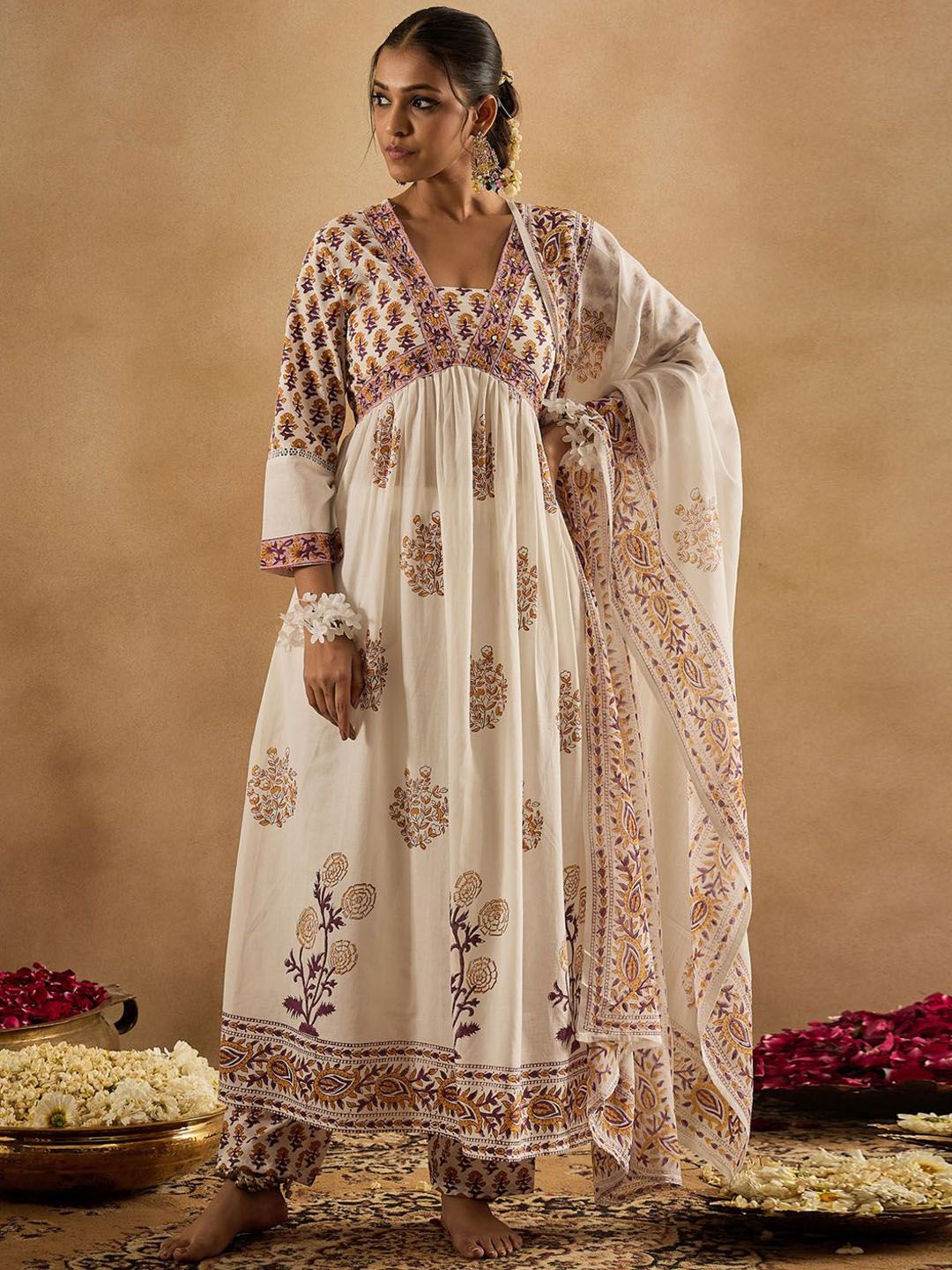 Indo Era Women Floral Printed Empire Pure Cotton Kurta with Trousers & With Dupatta