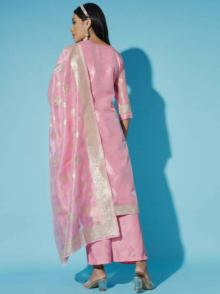 Myshka Women Pink Printed Kurta & Trousers With Dupatta