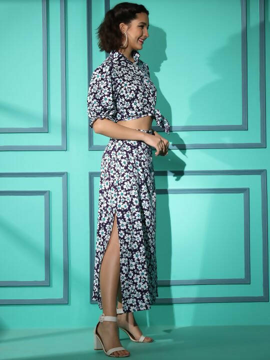 Purple Crepe Floral Printed Top with Matching Skirt - Shivani