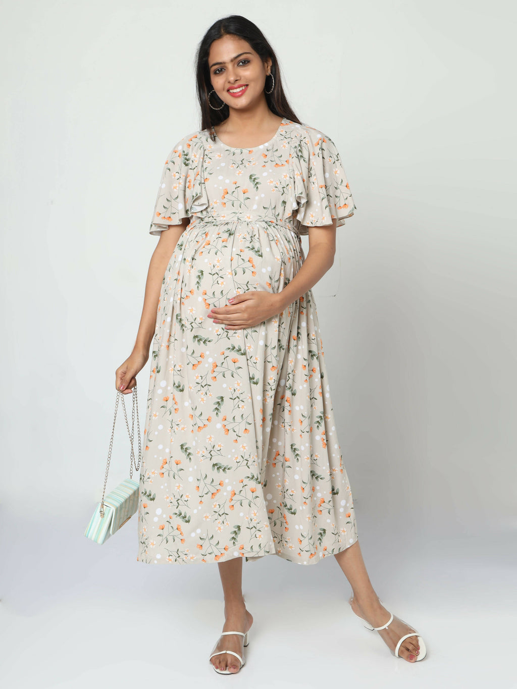Manet Frill With Sleeves Maternity Dress Floral Print With Concealed Zipper Nursing Access - Cream