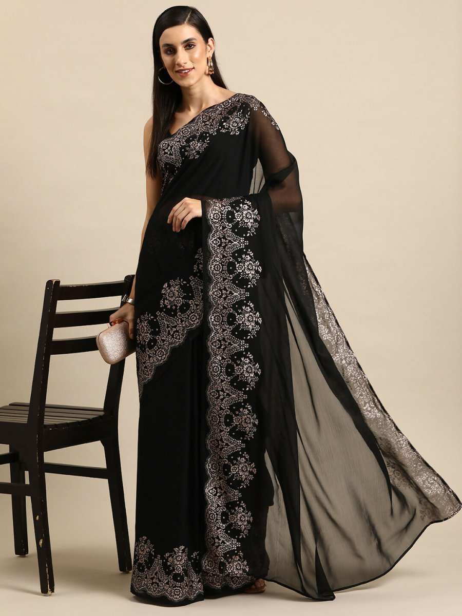 Ahalyaa Women's Traditional Semi Stitch Saree - Black