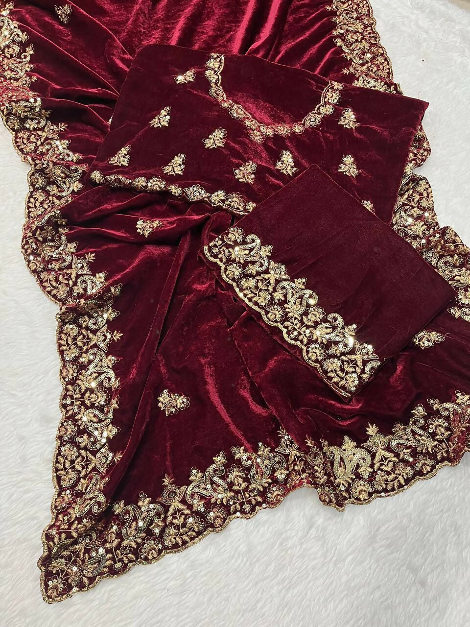 Vastranavya Designer Velvet Sequence & Zari Thread Embroidery work with border and Cutwork Saree - Wine