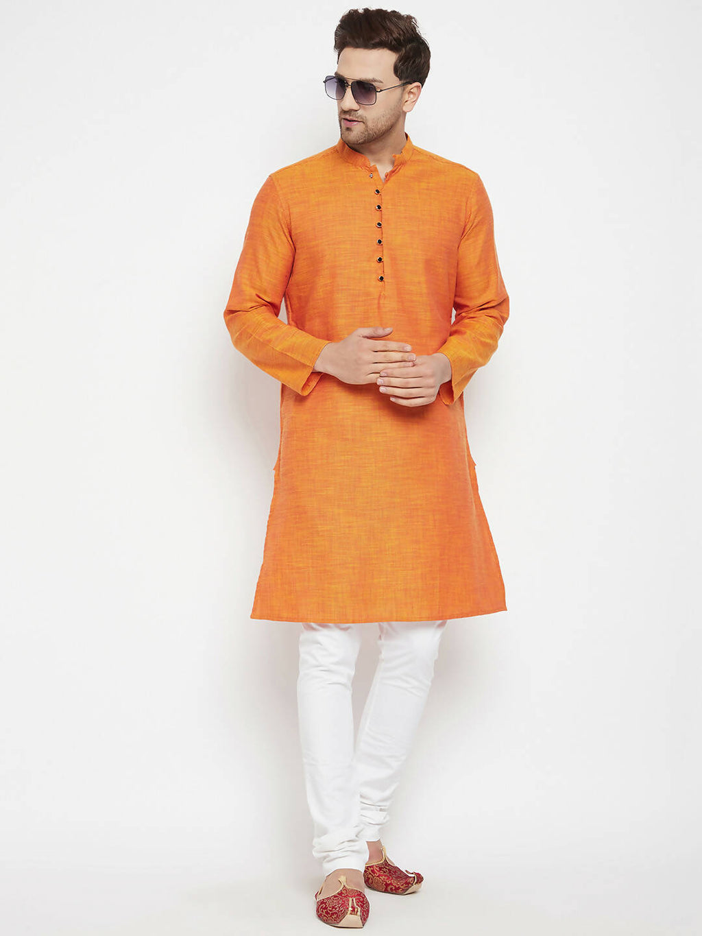 Even Apparels Orange Pure Cotton Long Men's Kurta With Band Collar