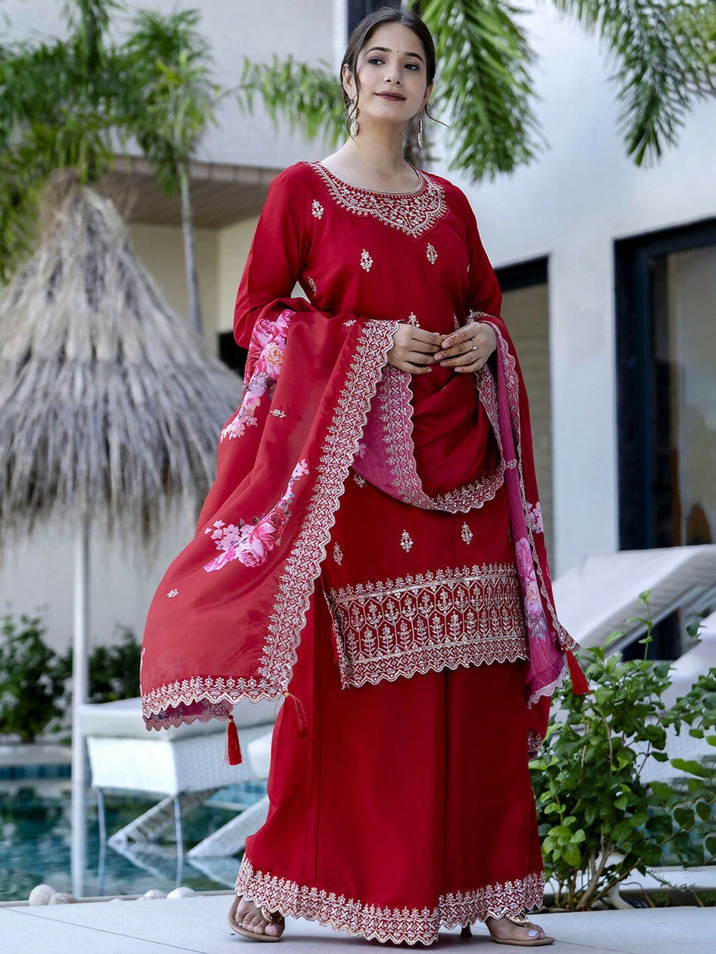 The52 Red Women's Gorgeous Embroidered Vichitra Silk Fabric Straight Kurta, Sharara and Dupatta Set