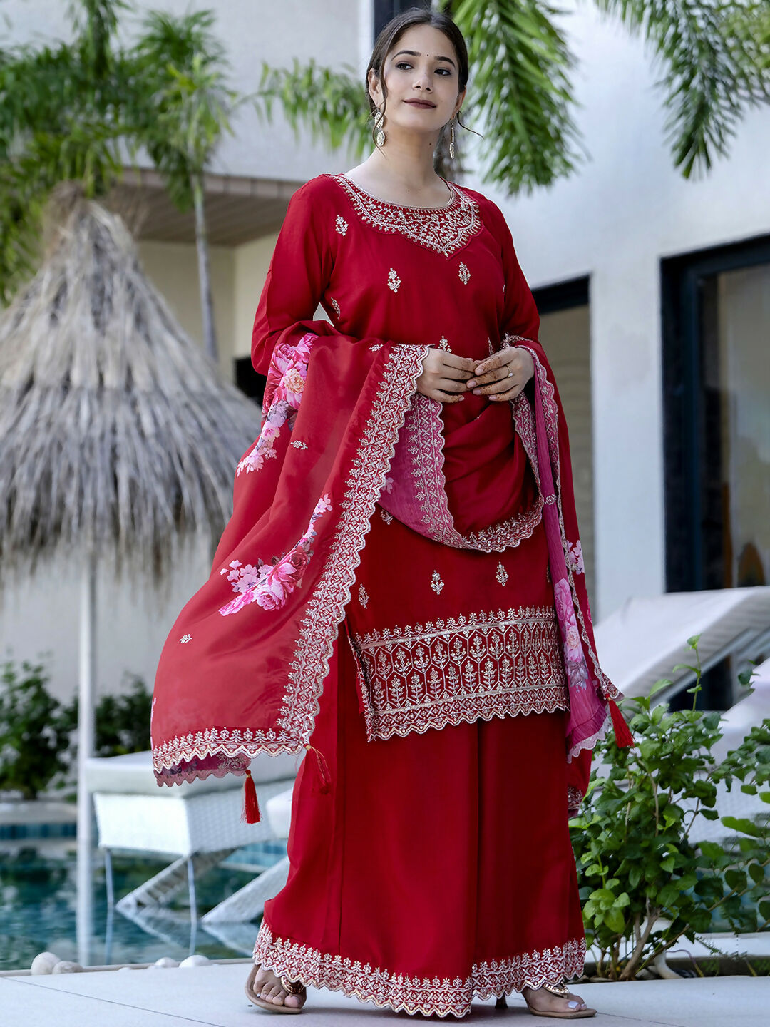 The52 Red Women's Gorgeous Embroidered Vichitra Silk Fabric Straight Kurta, Sharara and Dupatta Set