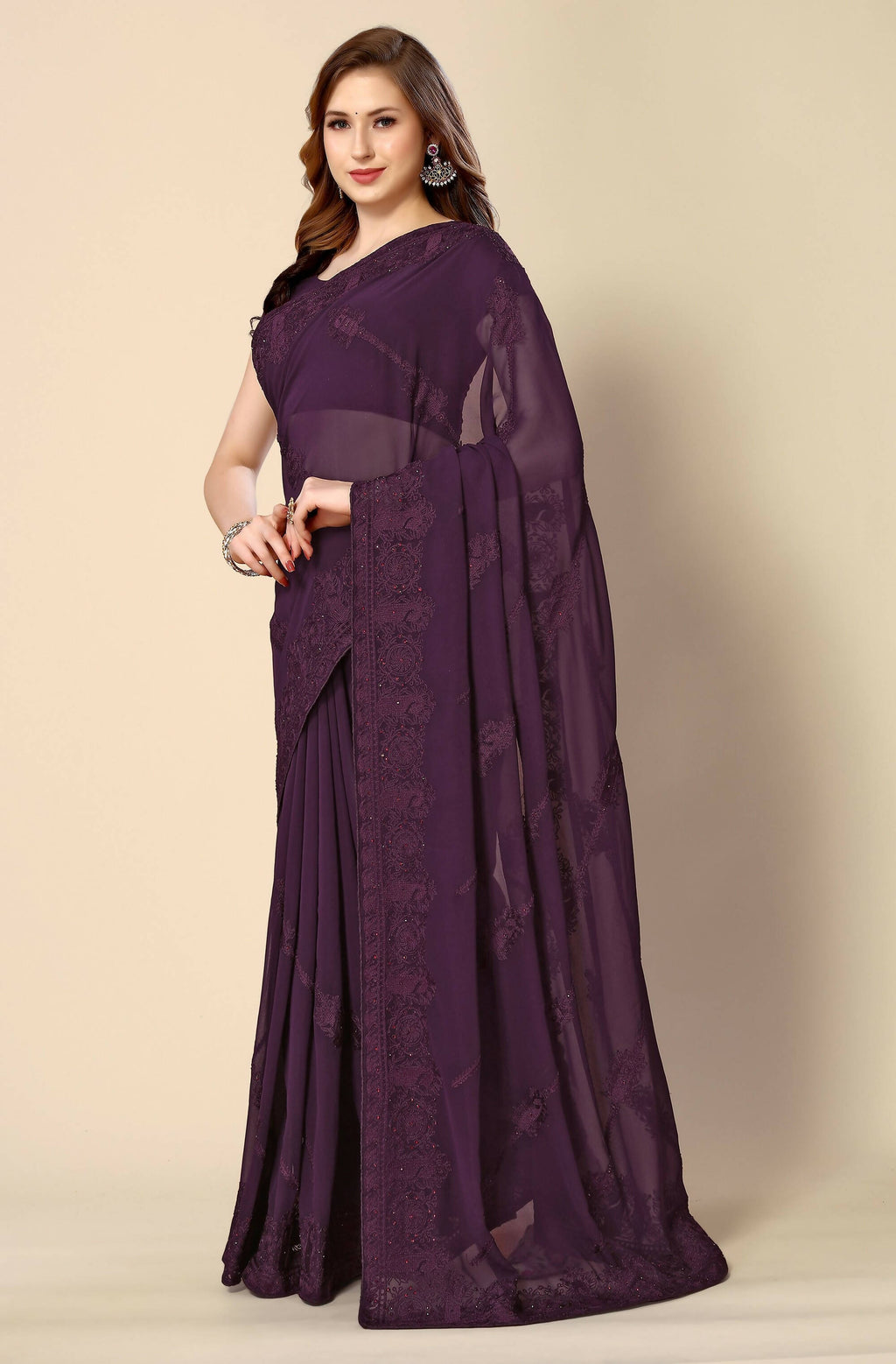 Purple Georgette Embroidered and Stone Work Saree with Unstitched Blouse Piece - Roozal