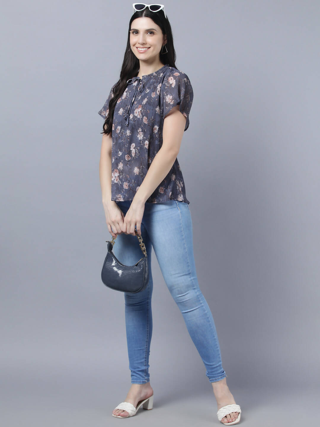 Myshka Women Charcoal Grey Peach-Coloured Floral Print Tie-Up Neck Georgette Top