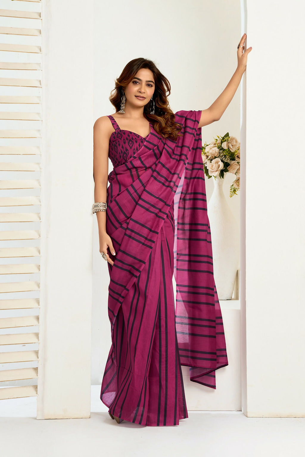 Vastranavya Magenta Digital Printed Linen Ready To Wear Designer Saree with Unstitched Blouse