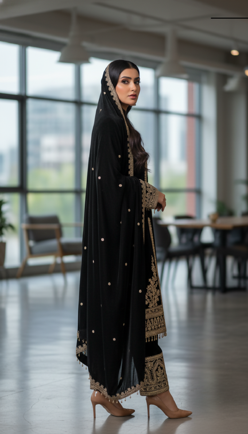 Teeya Creation Black Color Velvet Fabric Designer Embroidery Work Suit