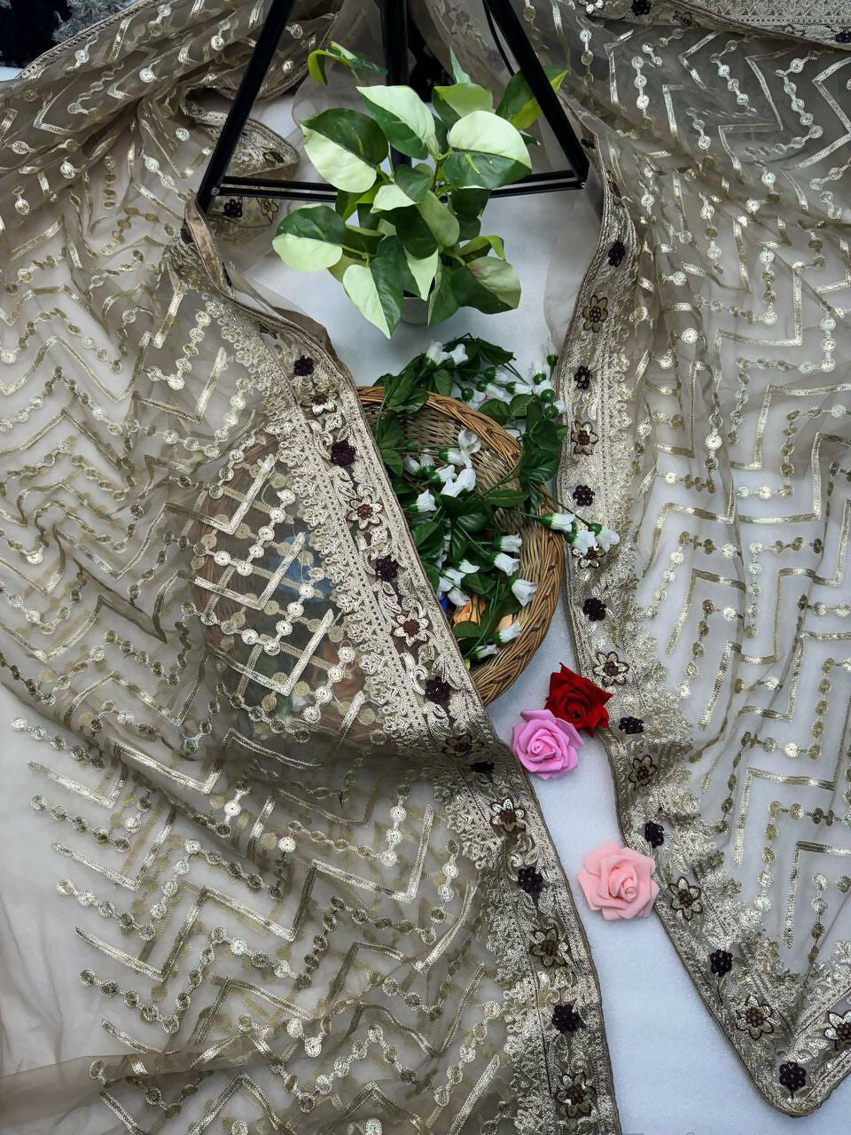 Vastranavya Butterfly Net Designer Chain Stitch Embroidery Work with Foil Thread & Stone Work Saree with Blouse Material - Beige