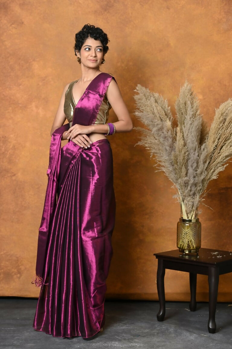 Very Much Indian Fusion Cotton Tissue Shimmer Saree - Maroon