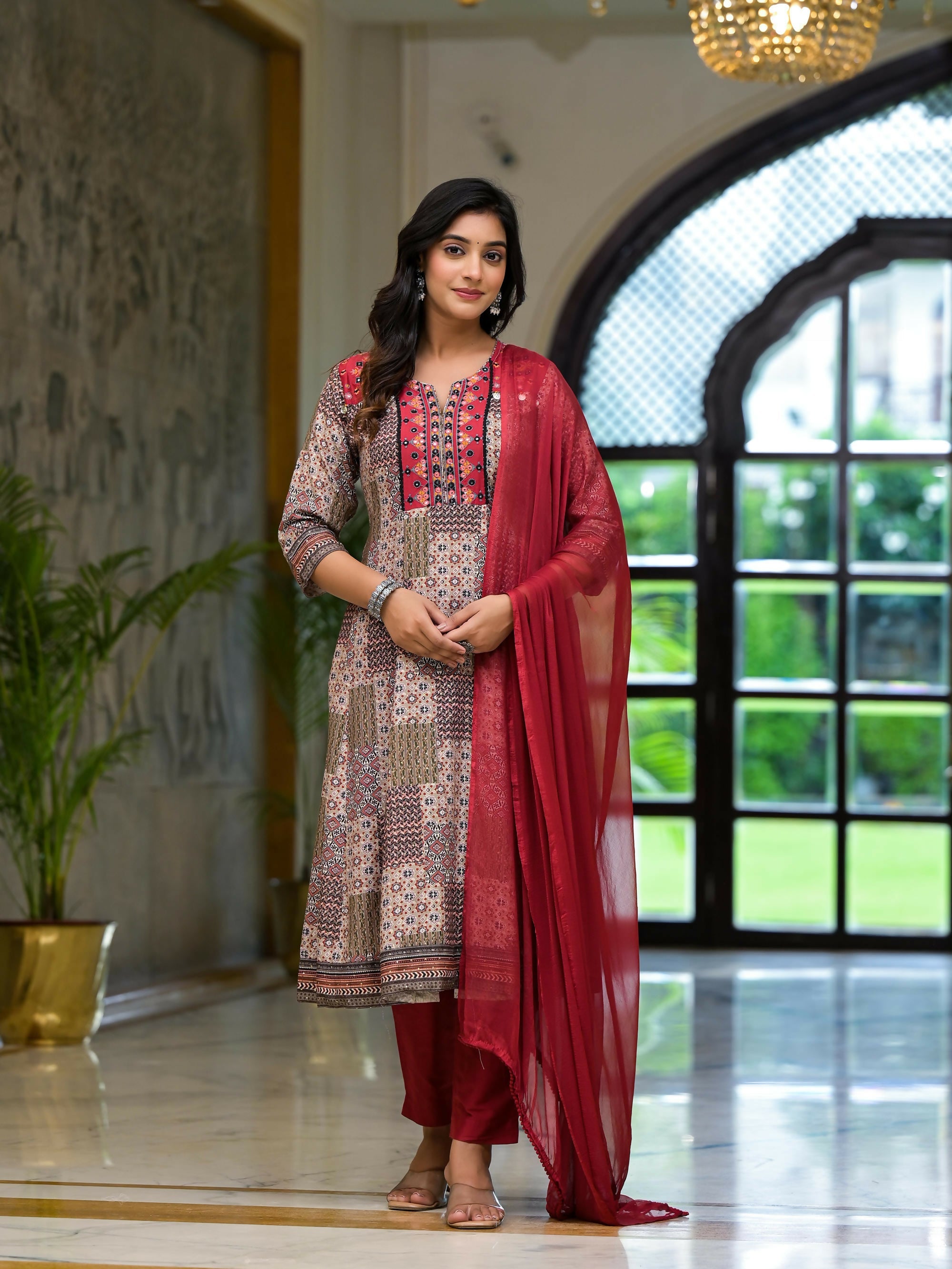 Juniper Women's Multi Color Ethnic Motif Printed Muslin Kurta Pant And Dupatta Set With Coins Thread & Mirror Work