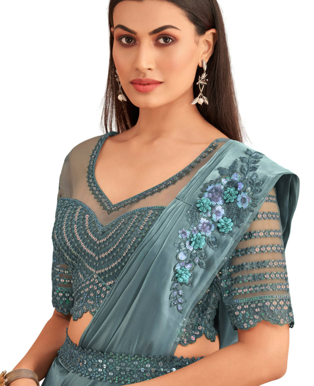 Blue Satin Embroidered Ready To Wear Saree With Unstitched Blouse Piece - Nandika