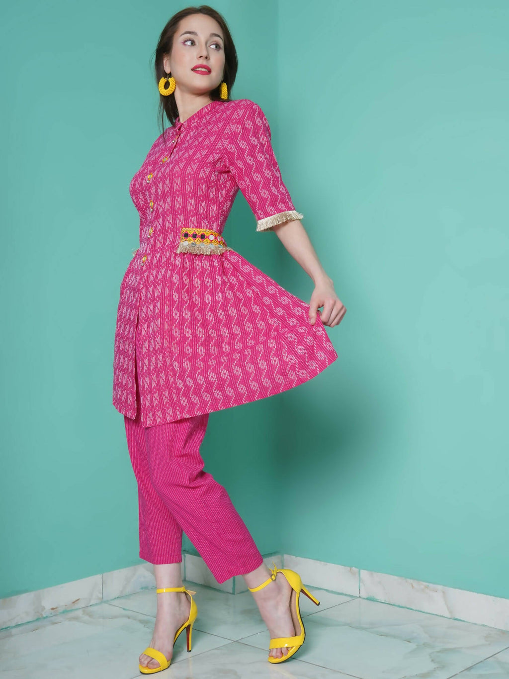 Women Republic Pink Cotton Kantha Kurta Set