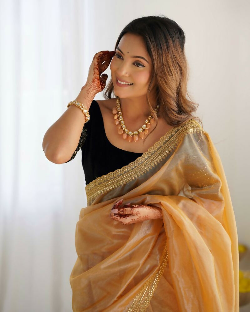 Attrctive Looking Gold Jari, Sequance Embroidery Work Twill Net Party Wear Saree - Gold