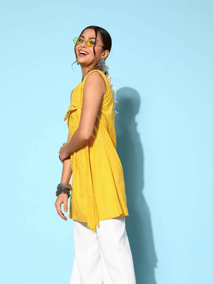 Ahalyaa Women Mustard Cotton Fluid Tie-Up Tunic