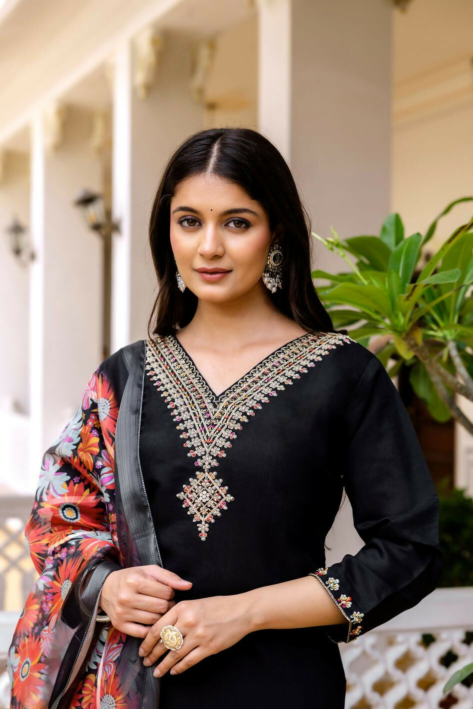 The52 Black Women's Beautiful Viscose Chanderi Fabric Embroidered Work Straight Kurta Pant and Dupatta Set