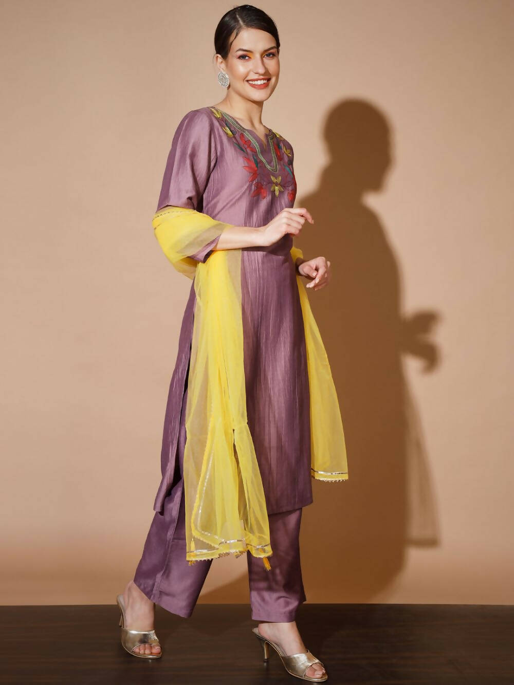 Myshka Mauve Solid Kurta & Palazzos With Dupatta