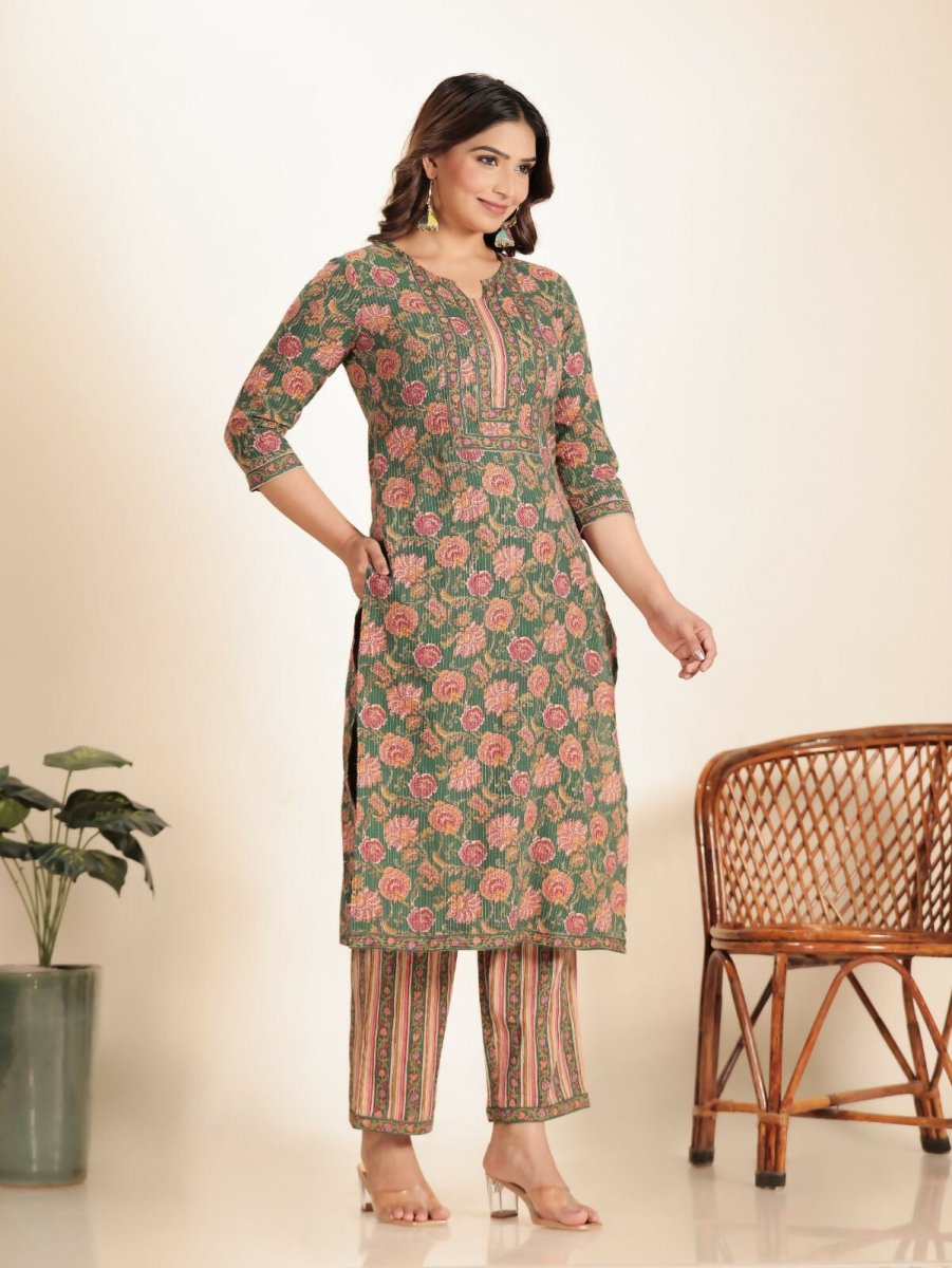 Aramya Green Kantha Cotton Floral Print Straight Kurta Set for Women