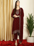 Jyoti Fashion Women's Maroon Georgette Resham Thread & Sequin Kurta with Trouser & Dupatta