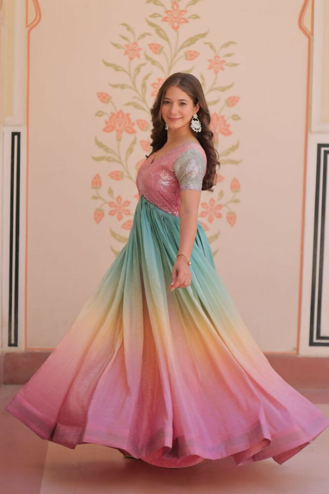 Vastranavya Lavender Gold Crush Padding With Beads Embroidered Work Gown