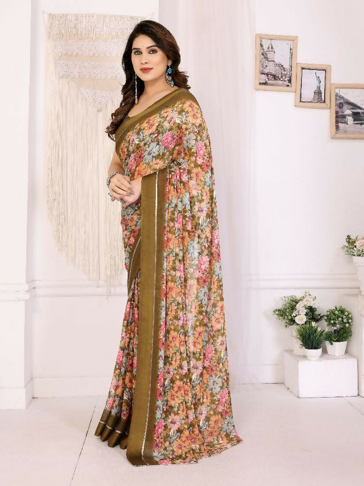 PR Fashion Cream Bright Moss Satin Patta Printed Saree