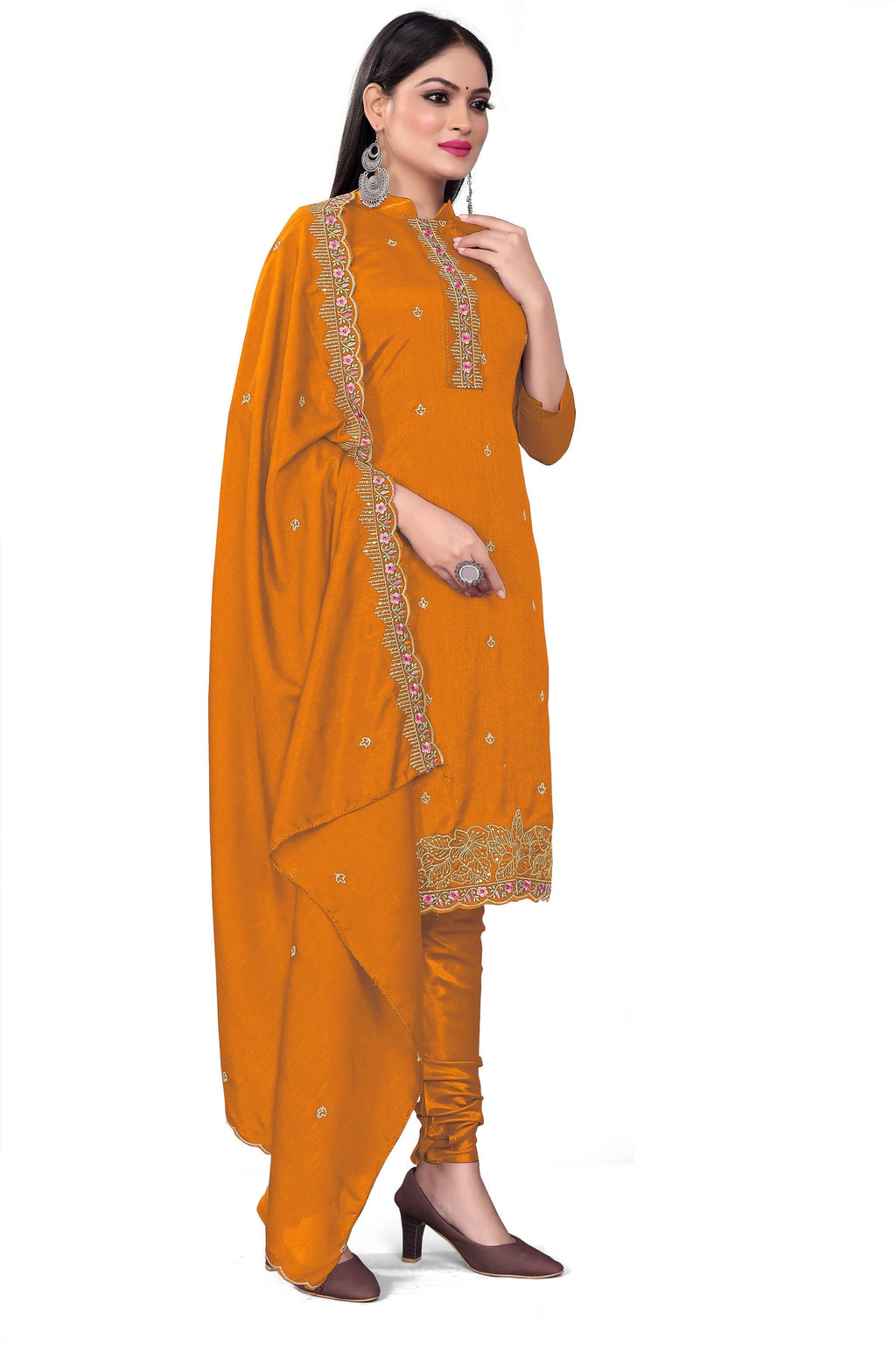 Mustard Silk Embroidered with Sequins work Unstitched Dress Material - Tanvi