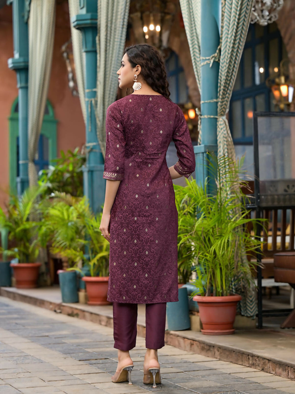 Juniper Women's Wine Ethnic Motif Printed Muslin Kurta Set With Zari Work & Gota Patti