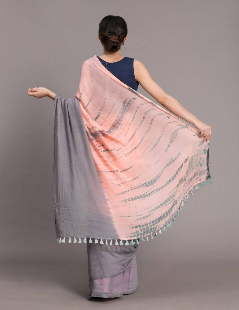 Suta Peach-Coloured Grey Tie Dye Pure Cotton Saree