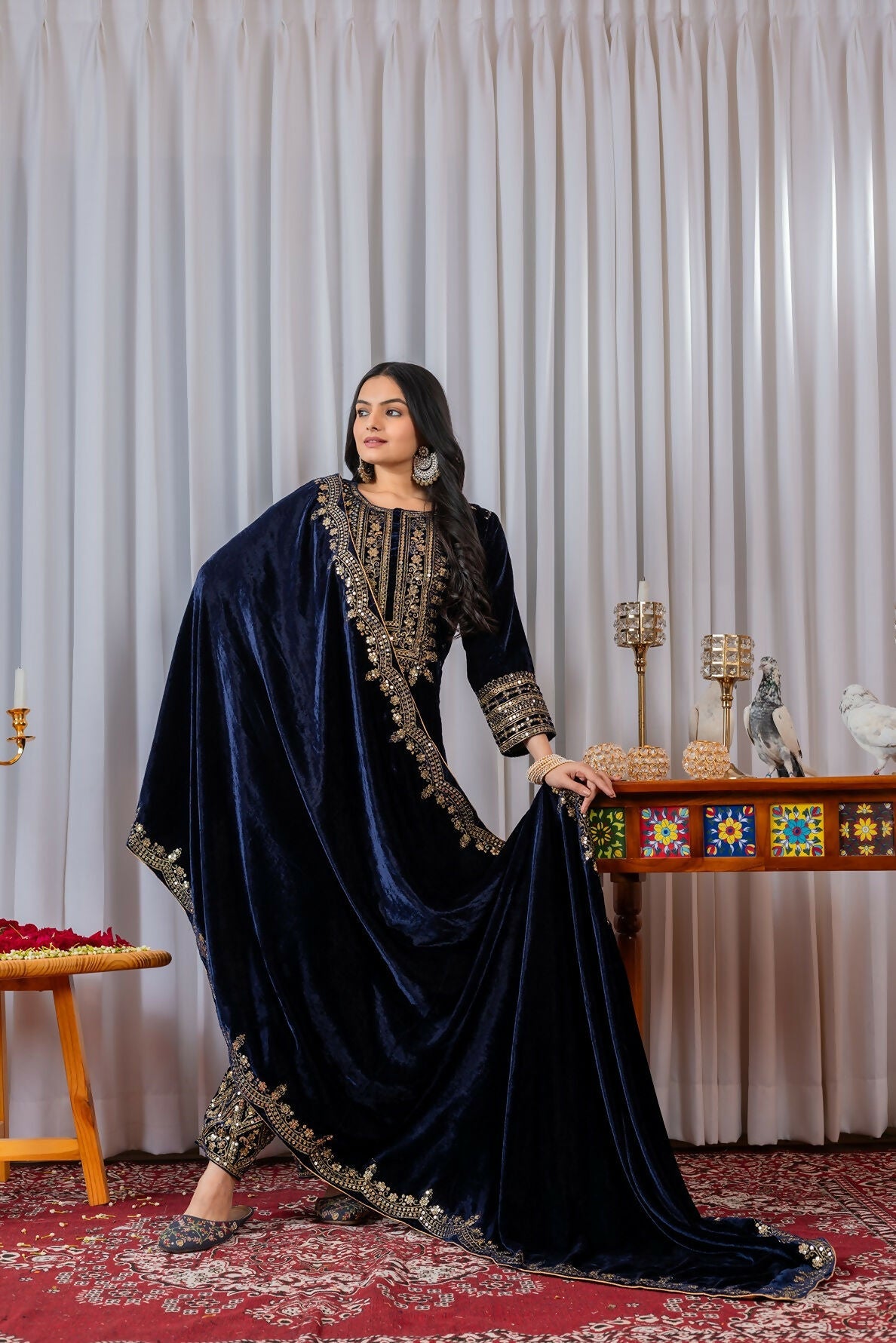 Joban Fashion Navy Blue Velvet Sequence Embroidery Work Kurta Set