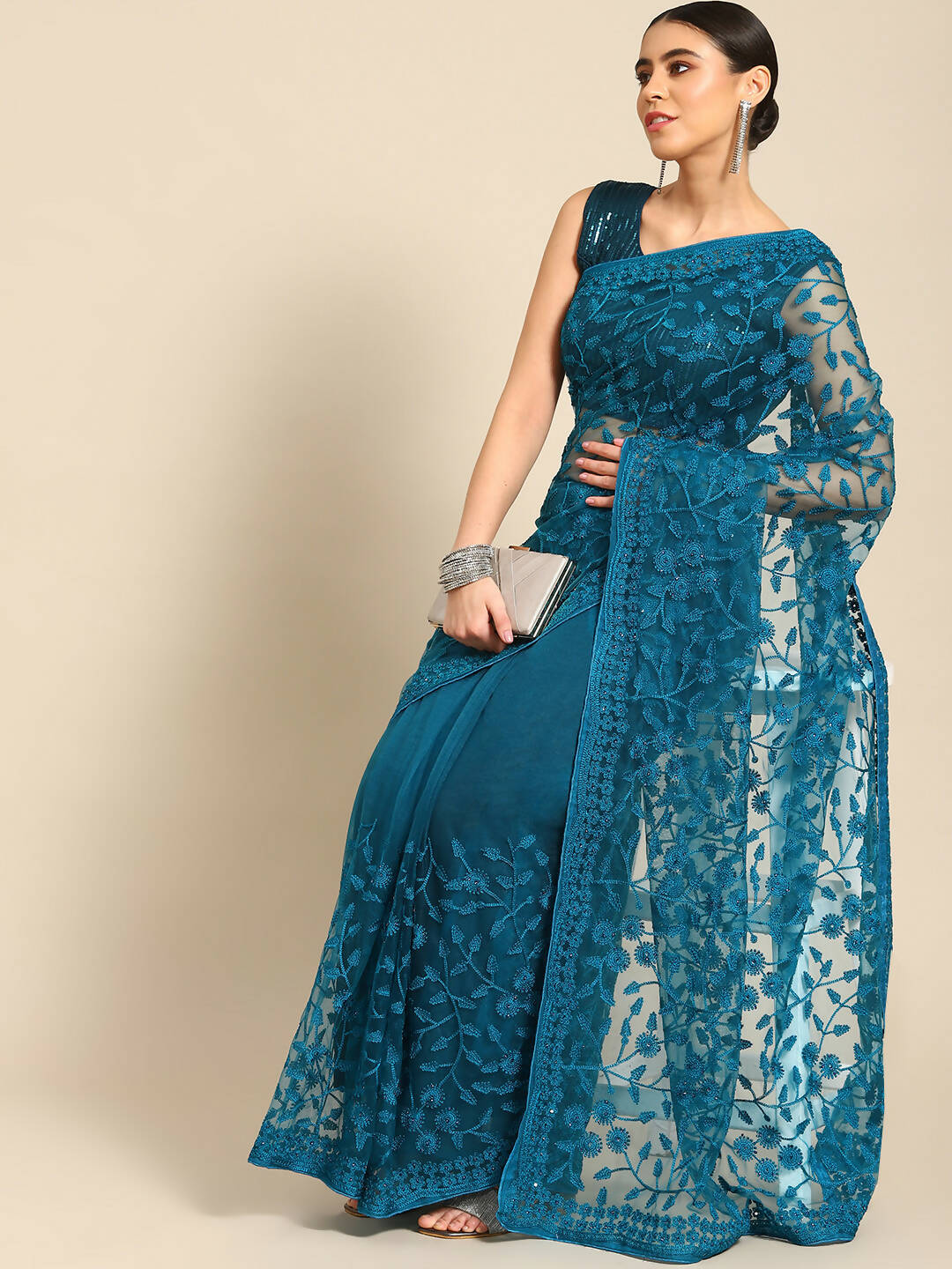 Blue Woven Design Net Saree with Blouse Piece - Kalamkari