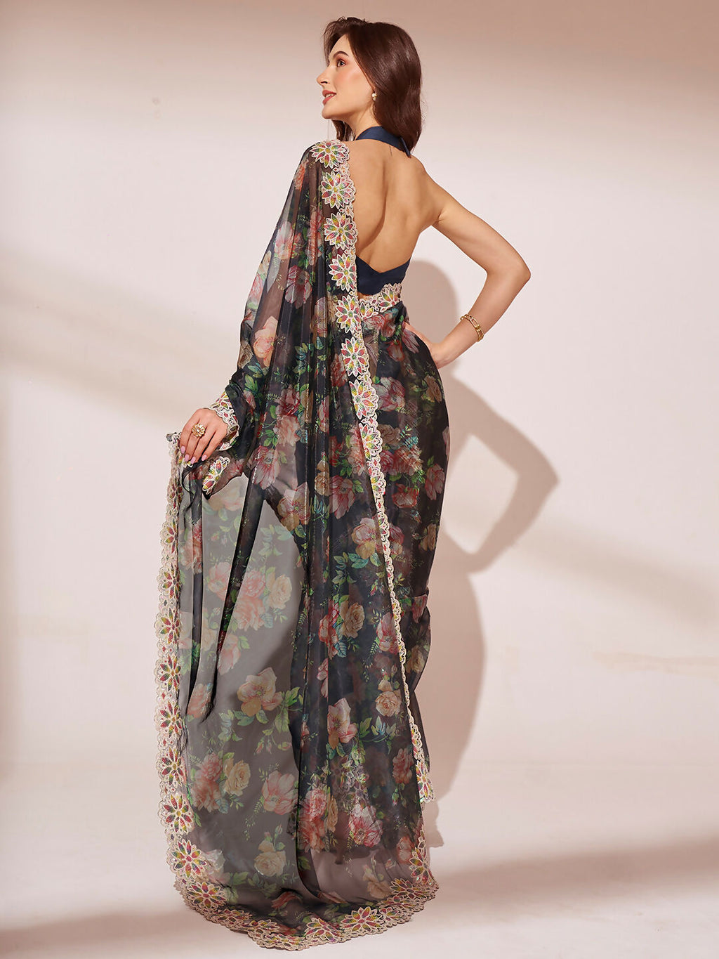 Black Jimmy Choo Designer Work Lace Border & Swarovski Work Saree - Orchid