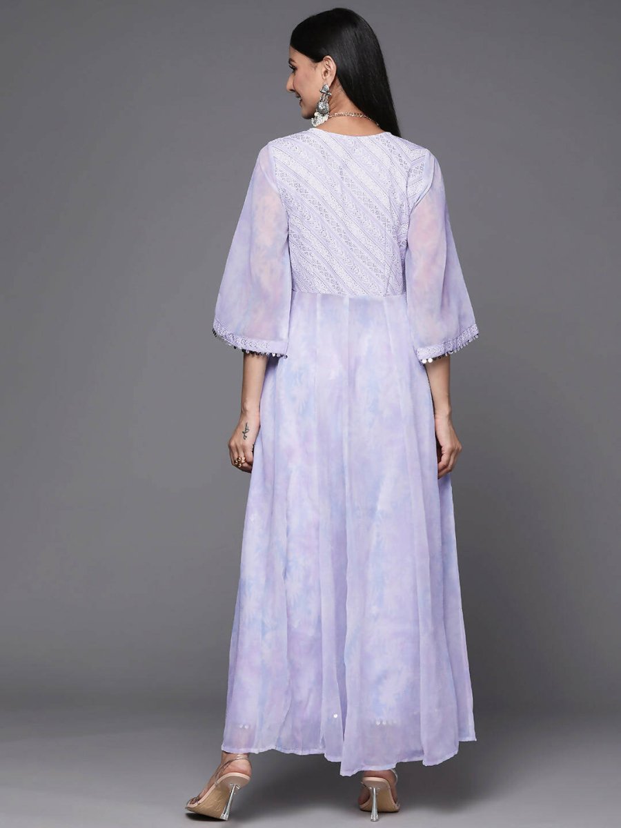 Ahalyaa Lavender & White Floral Printed High Slit Sequined Kurta with Palazzos