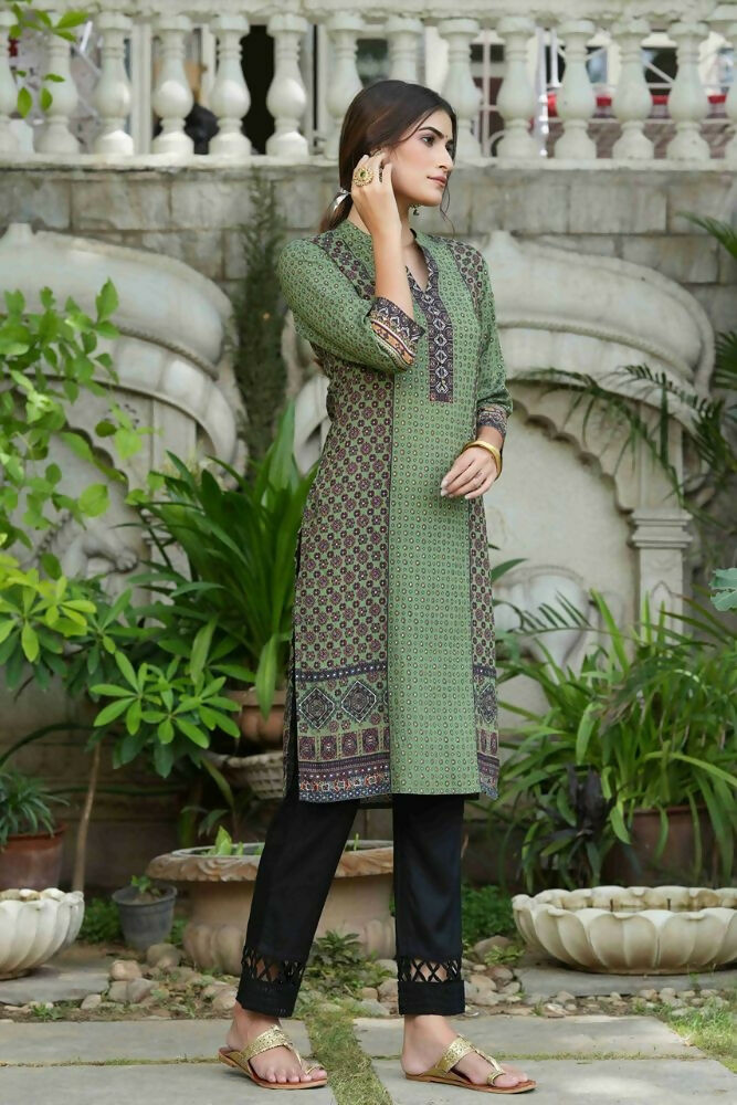 Juniper Green Ethnic Motif Printed Rayon calf length Kurta with Beads & Gota Work