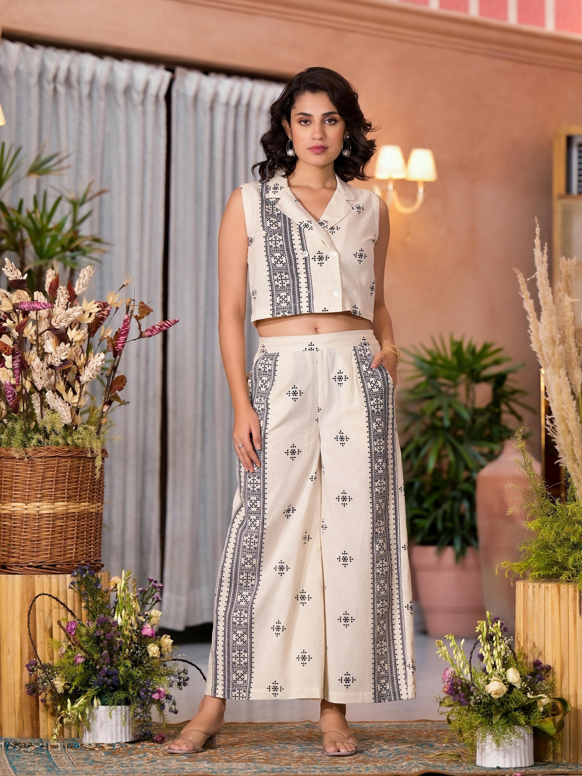 Juniper Women's Natural Ethnic Motif Printed Cotton Top & Palazzo Co-Ord Set With Button Closure