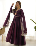 Teeya Creation Wine Color Pure Roman Silk Chanderi Party Wear Fully Stitched Gown