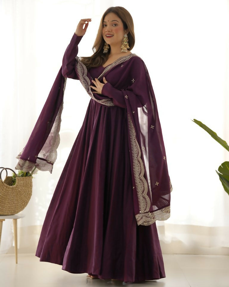 Teeya Creation Wine Color Pure Roman Silk Chanderi Party Wear Fully Stitched Gown