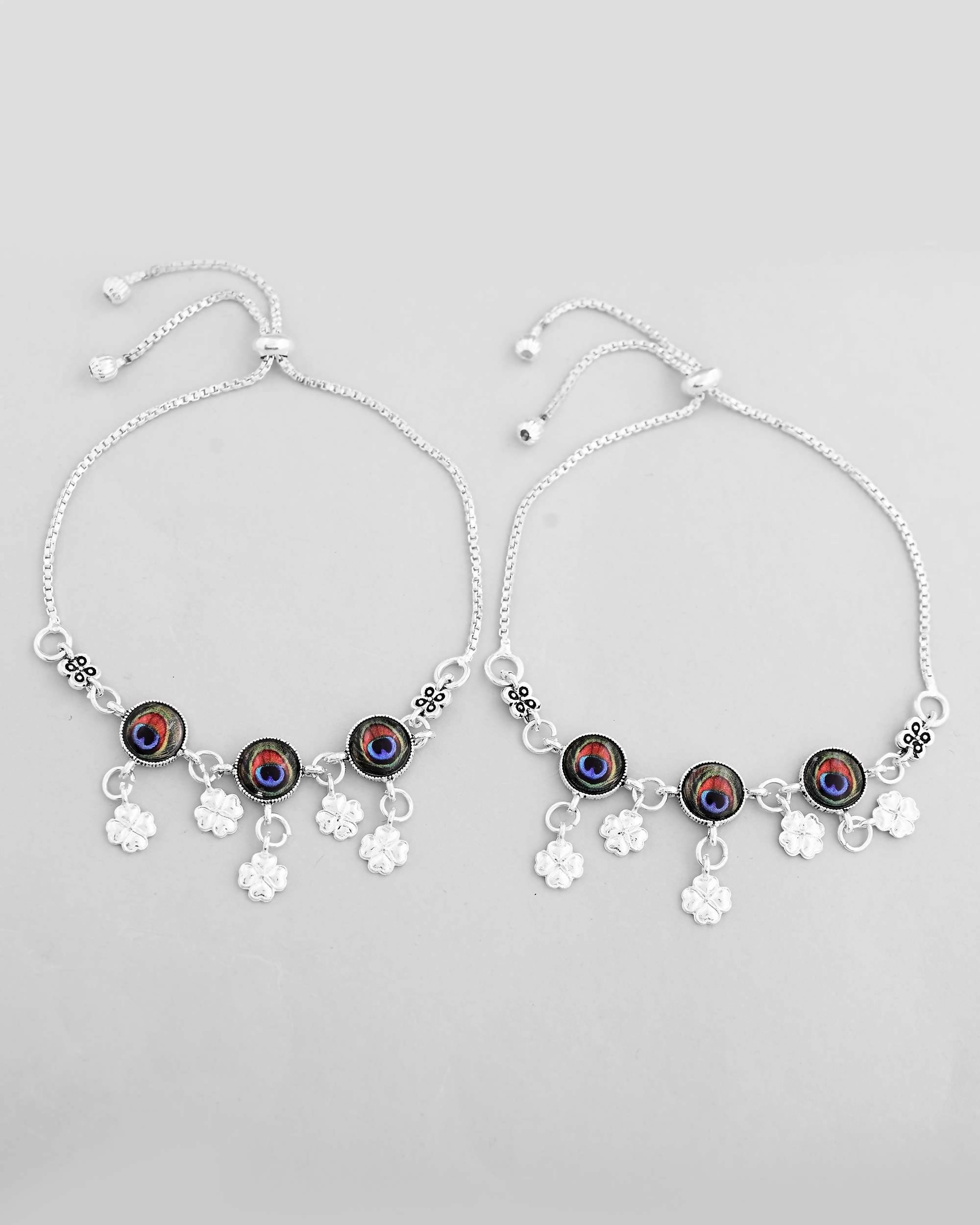 VOJ Set of 2 Silver Plated Peacock Printed HandCrafted Anklet