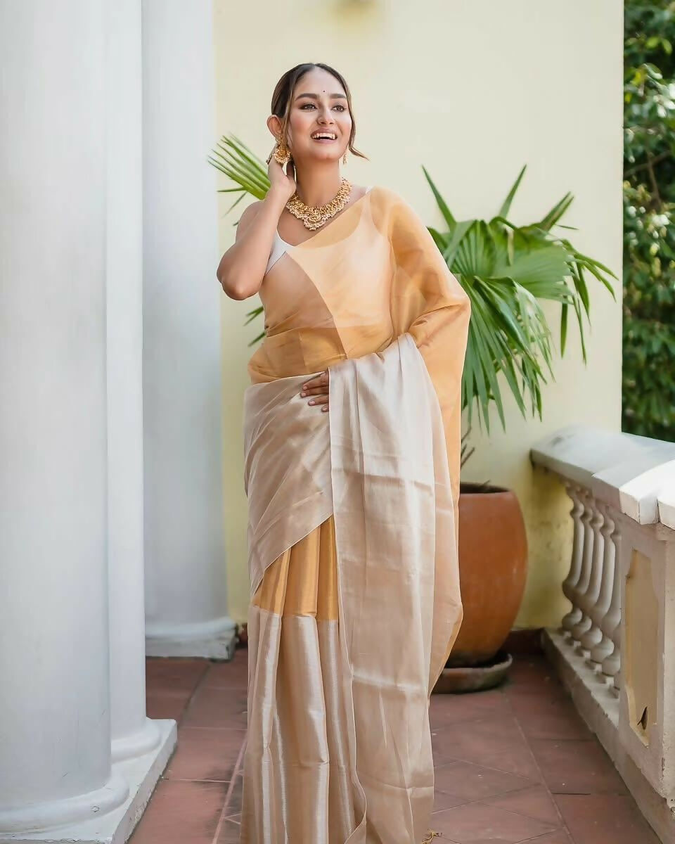 Exclusive Collection Beautiful Pino White Gold Tissue Silk Hand Weaving Handloom Saree With Running Blouse Piece