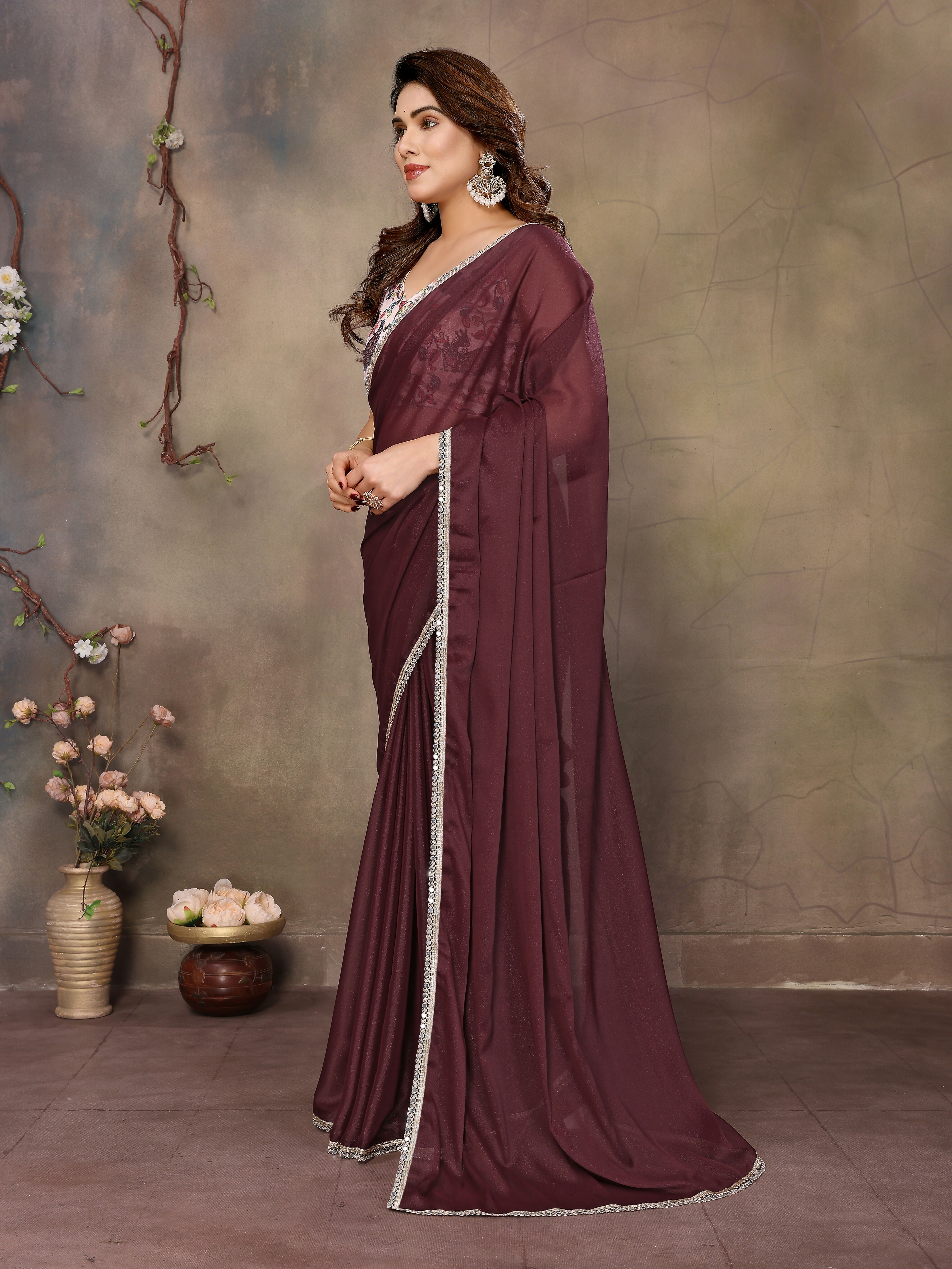 Partywear traditional Georgette Dark Brown Fancy Saree - Anbazaar
