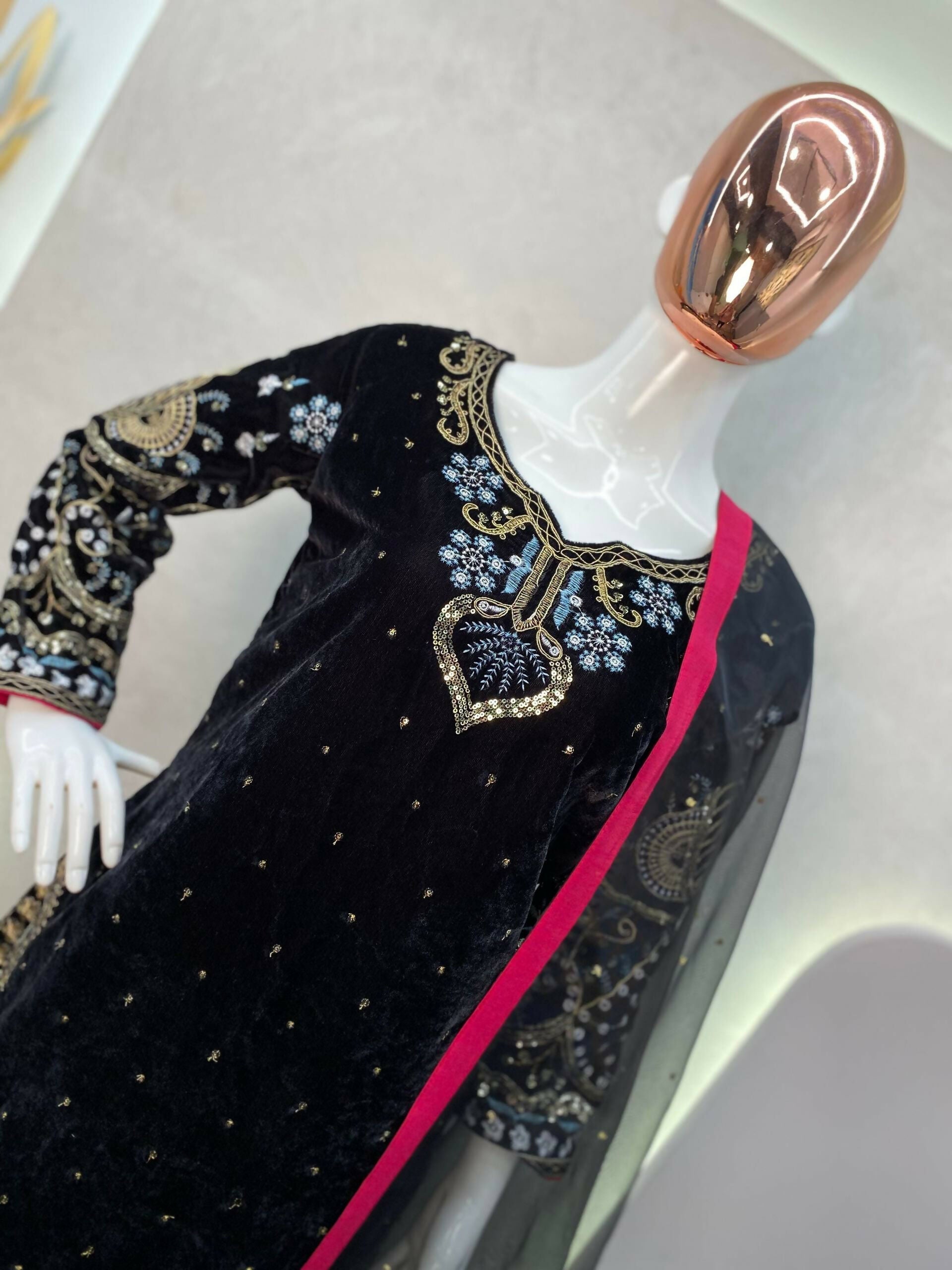 Vastranavya Black Viscose Velvet Cording Sequence Embroidery Work Suit With Dupatta