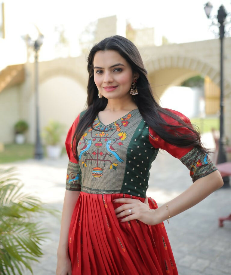 Jyoti Fashion Women's Red Patola with Foil Print Dola Silk Anarkali Dress