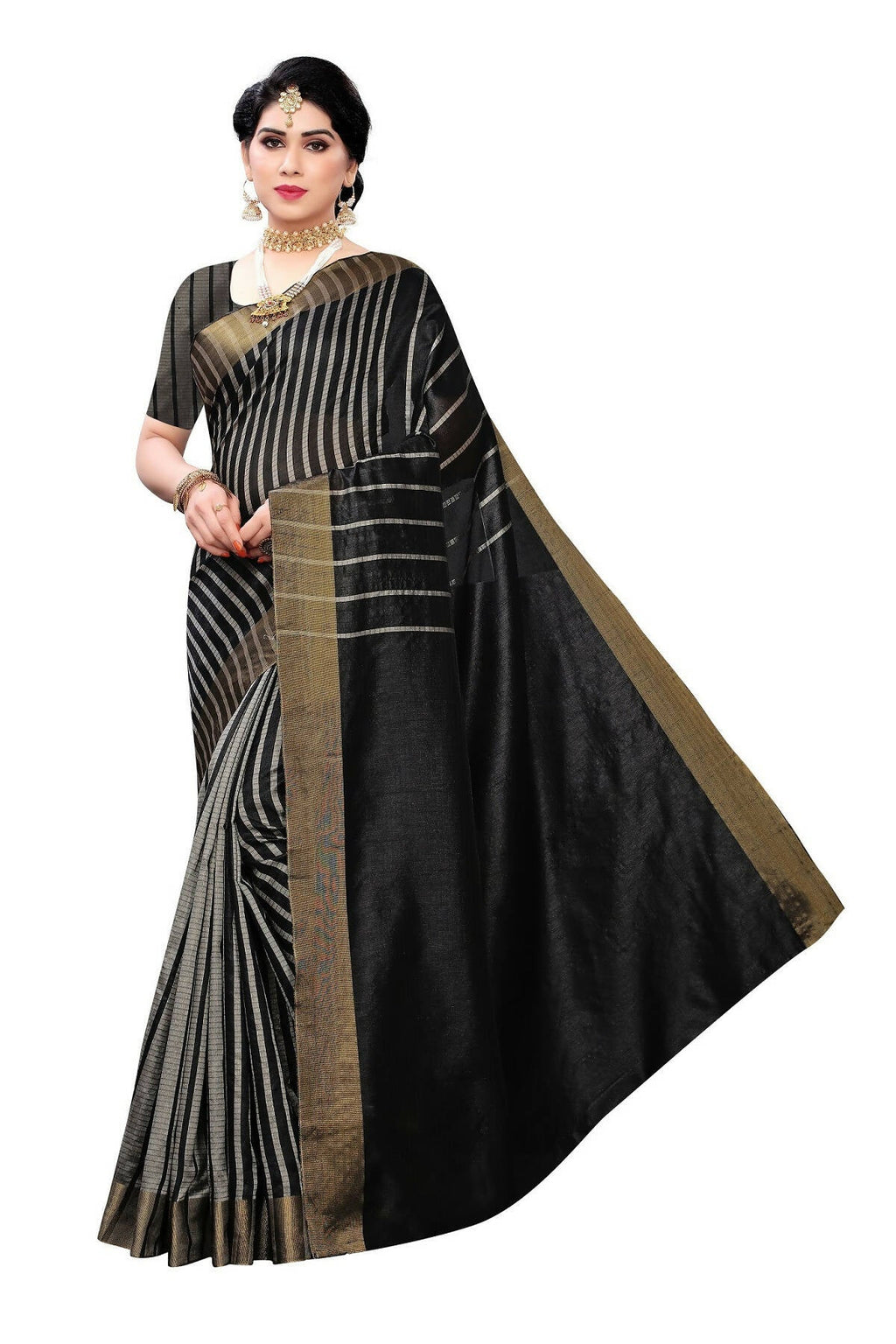 Vamika Black and White Lines Cotton Silk Weaving Saree (Paithani Black)