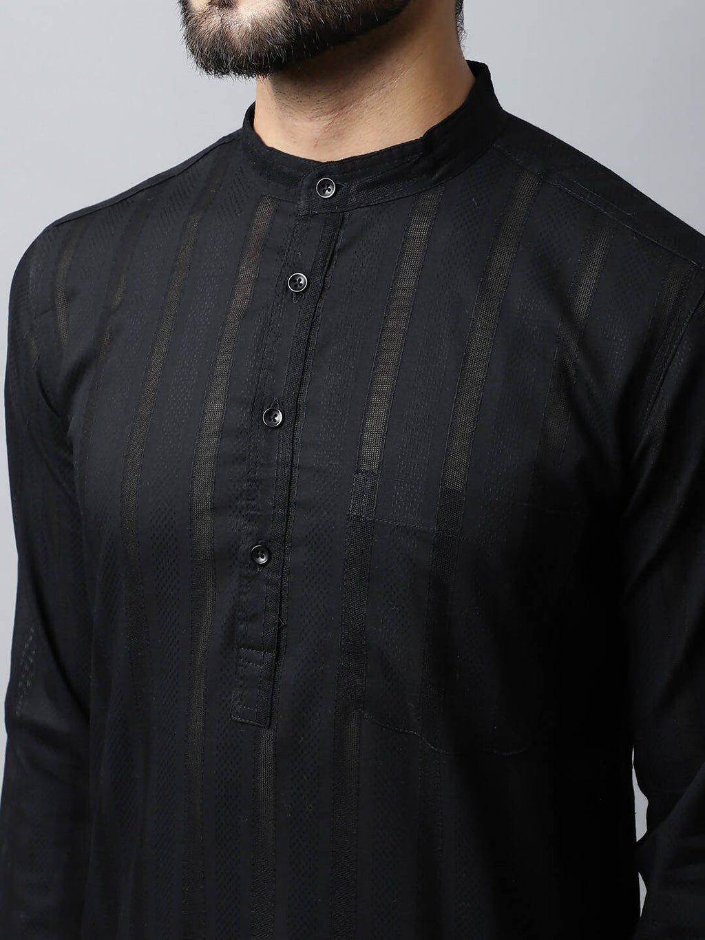 Even Apparels Black Color Pure Cotton Men's Kurta With Band Collar (STR1188)